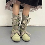 Lolita圆头平底中筒靴2025春夏新款绑带蝴蝶结后拉链韩版大头靴女