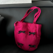 韩国精致蝴蝶结装饰百搭手拎包日系帆布包，玫红色手提布包收纳包