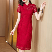喜婆婆婚宴装礼服裙2023夏季妈妈装时尚复古红色蕾丝连衣裙