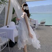不规则甜美连衣裙白色仙女裙Chic温柔小个子沙滩裙宽松吊带裙女夏