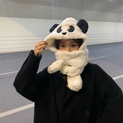 可爱小熊猫帽子围巾一体女秋冬季加厚保暖围脖护耳毛绒雷锋帽防寒