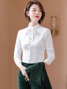 白色立领衬衫女秋季设计感小众蝴蝶结上衣高端职业衬衣工装工作服