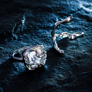 925纯银天然方形巴洛克珍珠戒指女小众设计几何高级感开口可调节