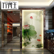 中式玄关背景墙瓷砖雕刻壁画微晶石过道走廊背景墙拼花餐厅墙荷花