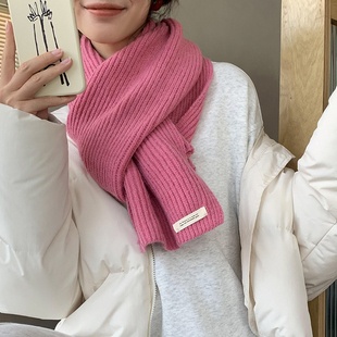韩国ins纯色贴标毛线围巾女冬季保暖百搭学生情侣网红针织围脖潮