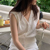 韩国chic夏季温柔气质V领单排扣褶皱颗粒感设计无袖针织背心马甲