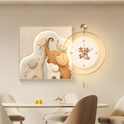 奶风餐厅装饰画挂钟饭厅餐桌墙面，壁画侘寂风客厅带钟挂画大象