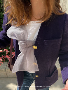 Bettychow 淡紫色蝴蝶结白色棉质圆领T恤夏季个性设计时髦上衣