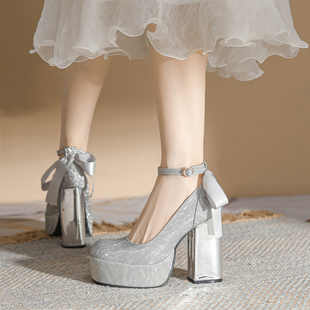 增高12cm小个子银色高跟鞋粗跟法式玛丽珍婚鞋厚底防水台法式单鞋