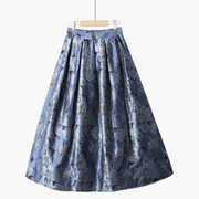 夏季时尚质感蓝色复古花朵提花大摆a字伞裙高腰中长款半身裙