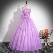 单肩紫色婚纱礼服女声乐艺考美声独唱演出服年会表演主持人蓬蓬裙