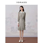 vgrass新中式翻领真丝气质连衣裙，女春季云母色刺绣vsl2o12060