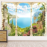 欧式度S假风景窗户超大背景布墙壁装饰挂毯床头卧室植物壁画.