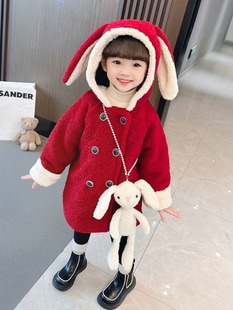 女童冬装毛毛衣(毛毛衣)加绒加厚羊羔绒外套2023兔，耳朵洋气时髦拜年服
