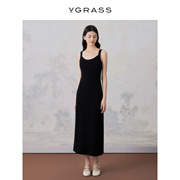 VGRASS黑色率性气场经典连衣裙夏季简约羊毛礼服裙VZL5O20760