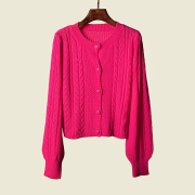 韩版麻花镂空针织开衫外套春季外搭玫红色毛衣单排扣长袖