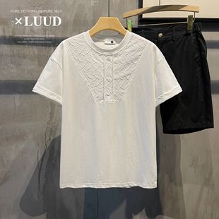 LUUD 简约纯色圆领微宽松短袖拼接料设计感上衣男潮流时尚T恤