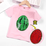男女童短袖t恤夏纯棉，儿童亮片草莓卡通西瓜，上衣变色网红有趣衣服