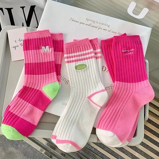 两双装 芭比粉色个性潮流网红玫红时尚欧货ins潮袜中筒袜