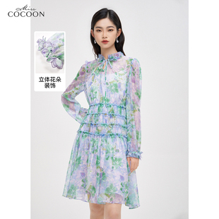miss COCOON淡紫色印花连衣裙春款气质收腰A字雪纺裙