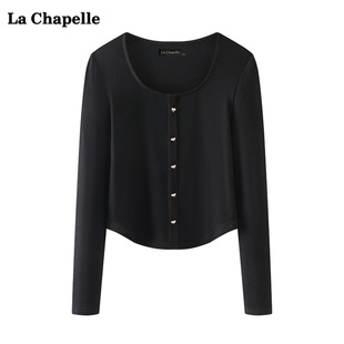 拉夏贝尔/La Chapelle黑色方领长袖t恤女春季小个子内搭上衣