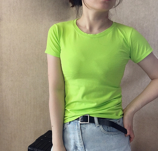 夏季纯棉修身亮色t恤打底衫女欧美小版绿色短袖潮糖果色气质上衣