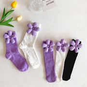 袜子女春季纯棉紫色仙女花朵蝴蝶立体饰品中筒袜子女可爱宝宝童袜