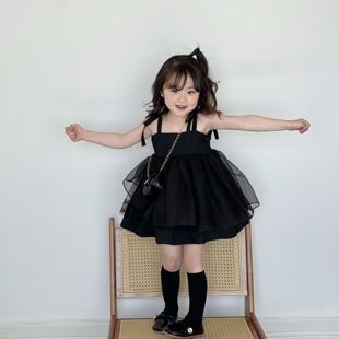 女童黑色吊带网纱连衣裙2024夏季女孩拼接蓬蓬裙，公主裙礼服裙