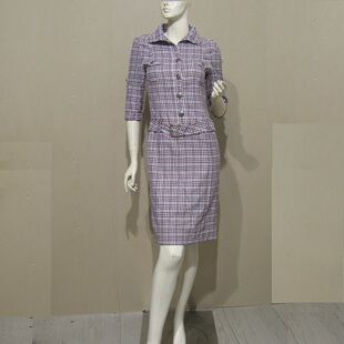 女装菲妮迪FINITY样衣紫色格纹中袖连衣裙低价销售