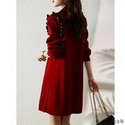 红色针织连衣裙女秋冬圆领钉珠长袖收腰小个子气质打底毛衣裙