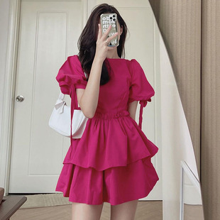韩国chic夏季洋气减龄圆领荷叶，边高腰显瘦系带，泡泡袖连衣裙短裙女