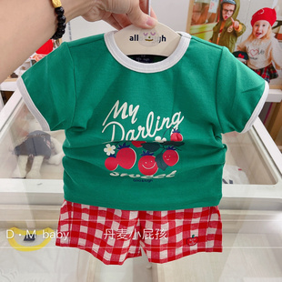 韩国中小童装 21夏女童宝宝洋气草绿色草莓印花圆领短袖T恤J8