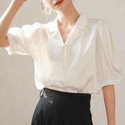 欧洲站白色衬衫女夏薄款2024年设计感小众泡泡袖宽松v领短袖