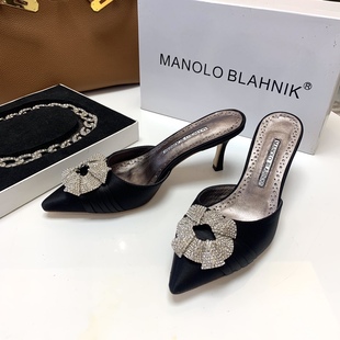Manolo Blahnik/MB女鞋 百搭真丝一脚蹬包头尖头半拖高跟凉鞋
