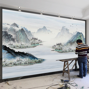 新中式梦幻水墨山水意境，画墙纸壁画客厅电视，背景墙壁纸影视墙布