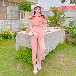 韩版时尚工装连衣裤小个子网红穿搭甜美糖果，色气质少女连体裤长裤