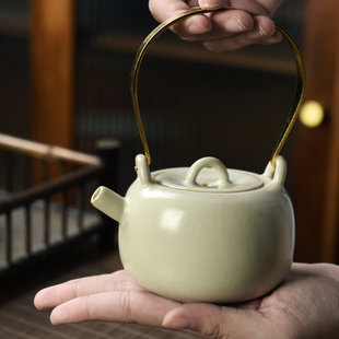 高档米黄汝窑茶壶提梁壶功夫茶具家用陶瓷泡茶神器个性单壶茶道