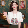 大码胖mm中国风刺绣短袖t恤女夏季设计感新中式缎面拼接气质小衫