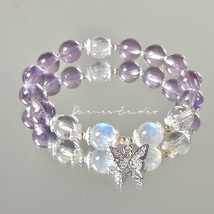 上岸天然紫水晶蓝月光石，白水晶(白水晶)纯银，手链手串女闺蜜生日礼物