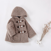 宝宝棉服冬装婴儿童毛绒保暖外套，加绒厚连帽，大衣羊羔绒牛角扣风衣