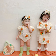 2024ins夏季韩版小清新橘色花朵婴儿哈衣女宝宝连衣裙姐妹装洋气