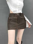 shawne韩国小众品牌，双拉链装饰口袋包臀皮质短裙