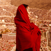 纯色红围巾女春秋夏季西藏青海湖旅游民族，风超大披风西北保暖披肩