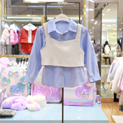 T+韩国童装2024春季衬衫女童翻领竖条纹蓝色衬衣短款马甲两件