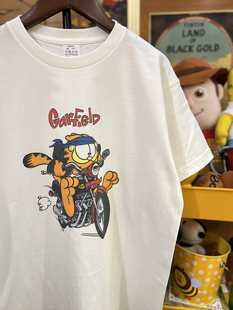美式复古vintage趣味加菲猫开摩托车宽松纯棉男女，款短袖t恤情侣款