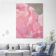 网红粉色大象大手绘油画芬村童客厅装饰画肌理抽象可爱动物象儿房