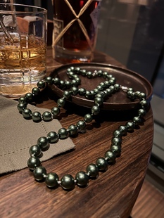 10mm深海贝珠项链仿孔雀绿，大溪地黑珍珠项链短款简约圆珠锁骨链女