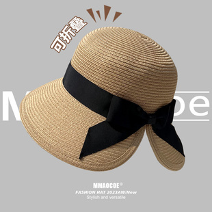 草帽海边遮阳帽子可折叠扎马尾，蝴蝶结显脸小出游防晒紫外线太阳帽