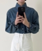 韩国休闲美式复古实用短款牛仔衬衫配高腰，直筒白色牛仔裤