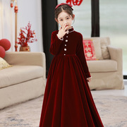 女童冬裙红色丝绒连衣裙，中大童新中式复古礼服，裙子小女孩过年长裙